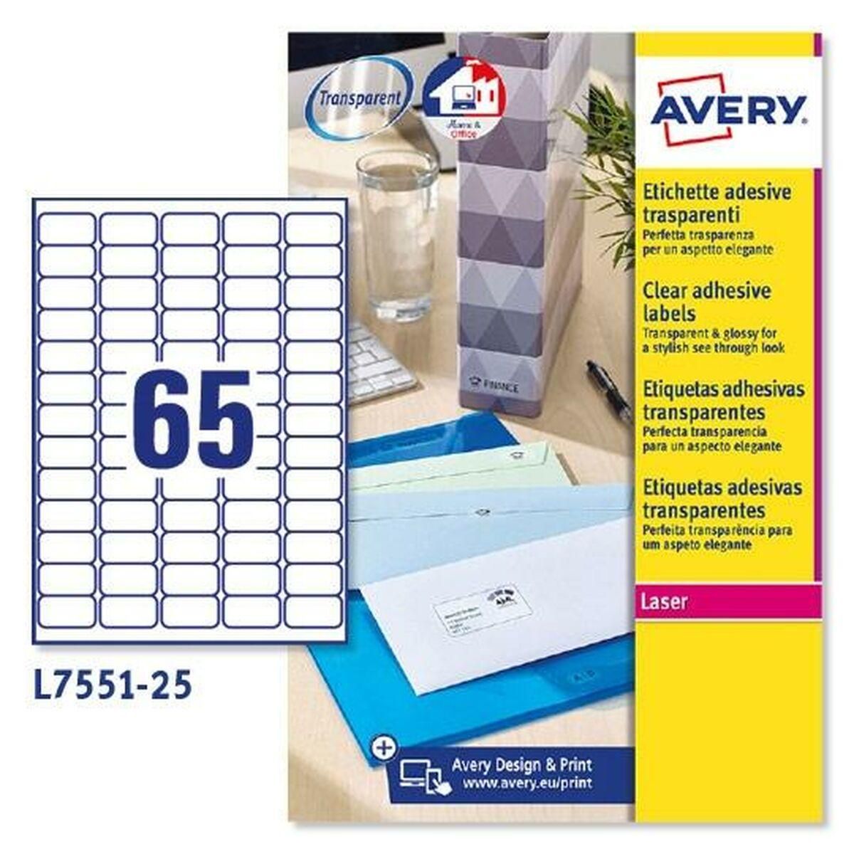 Selvklæbende etiketter Avery Gennemsigtig 210 x 297 mm 38,1 x 21,2 mm