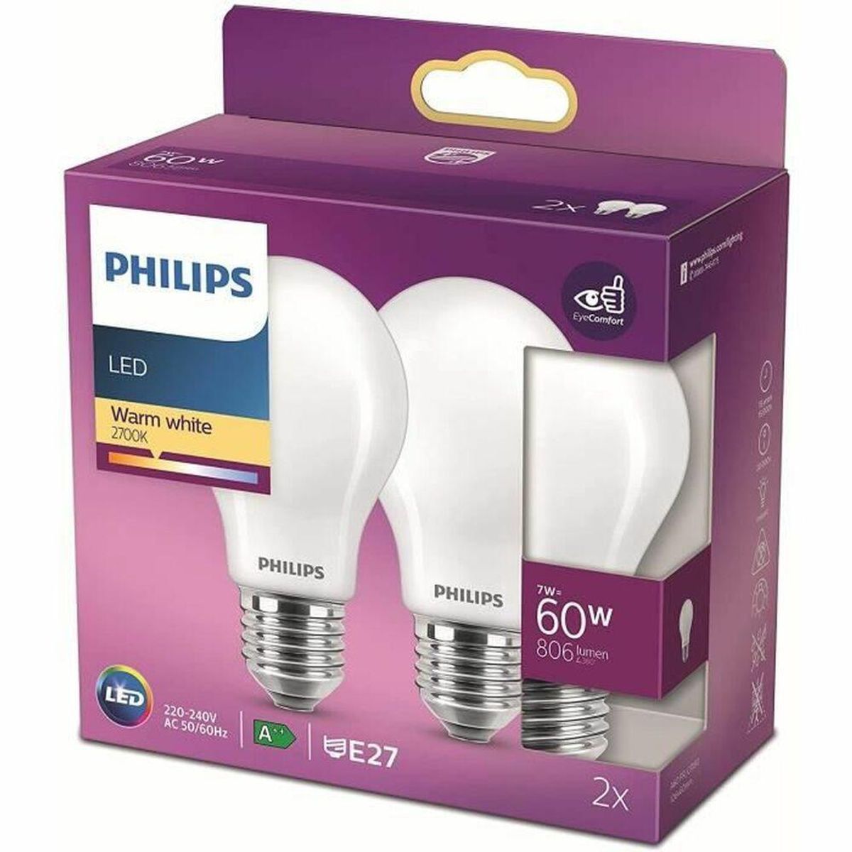 LED-lampe Philips Classic Standard 60 W Hvid E E27 (2700 K) (2 enheder)