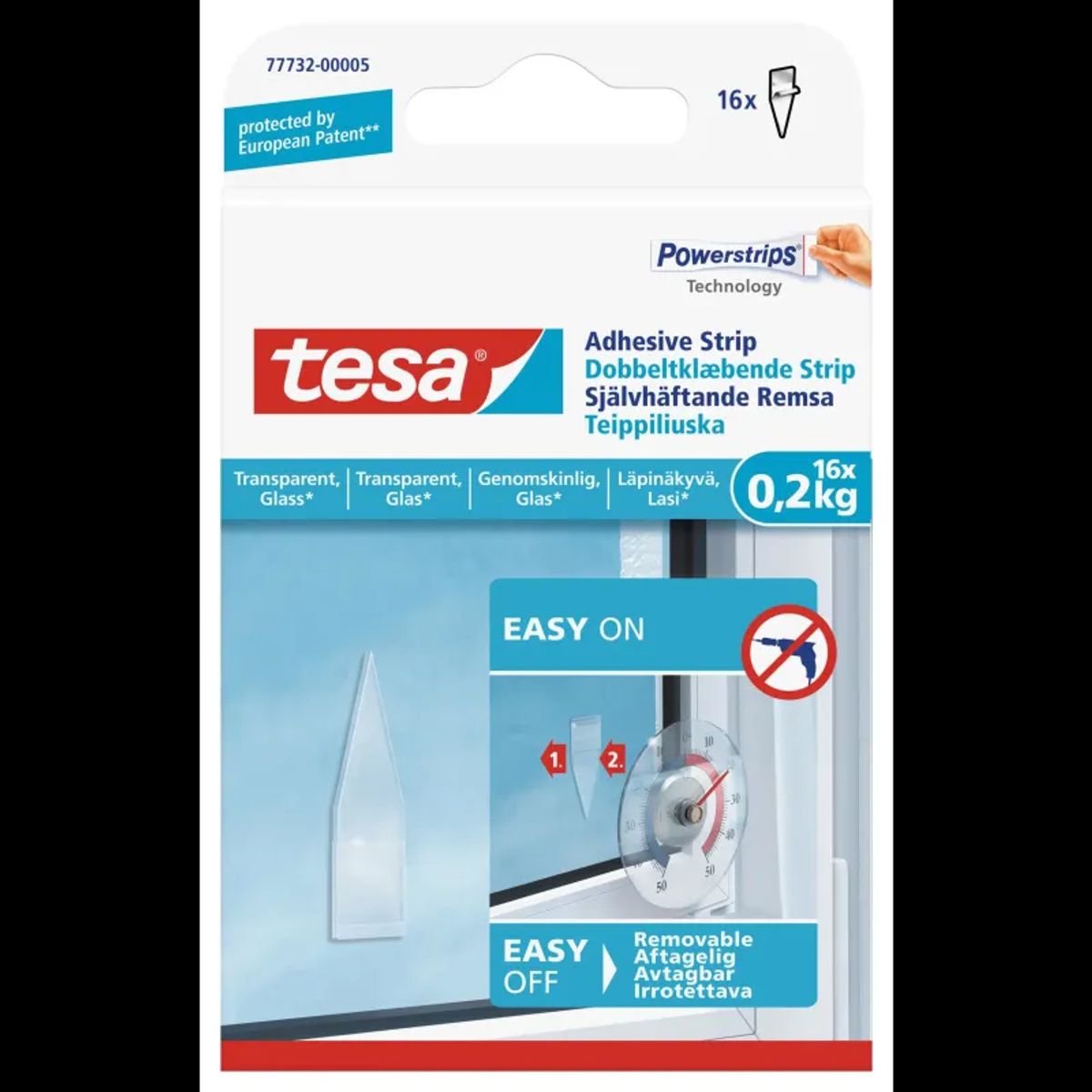 Tesa Dobbeltklæbende strips til transparente overflader og glas (0,2 kg), 16 stk.