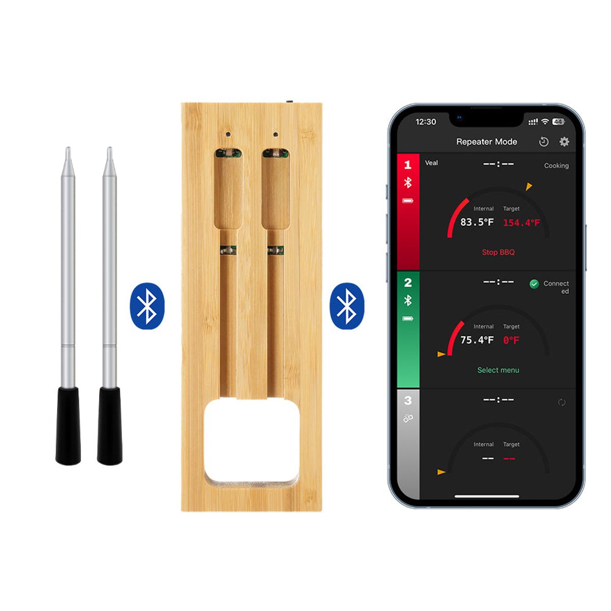 Madlavnings- og stege thermometer - WIFI med stege-APP - Repeater sikrer lang distance mellem mobilen - Ovn, grill eller pande.