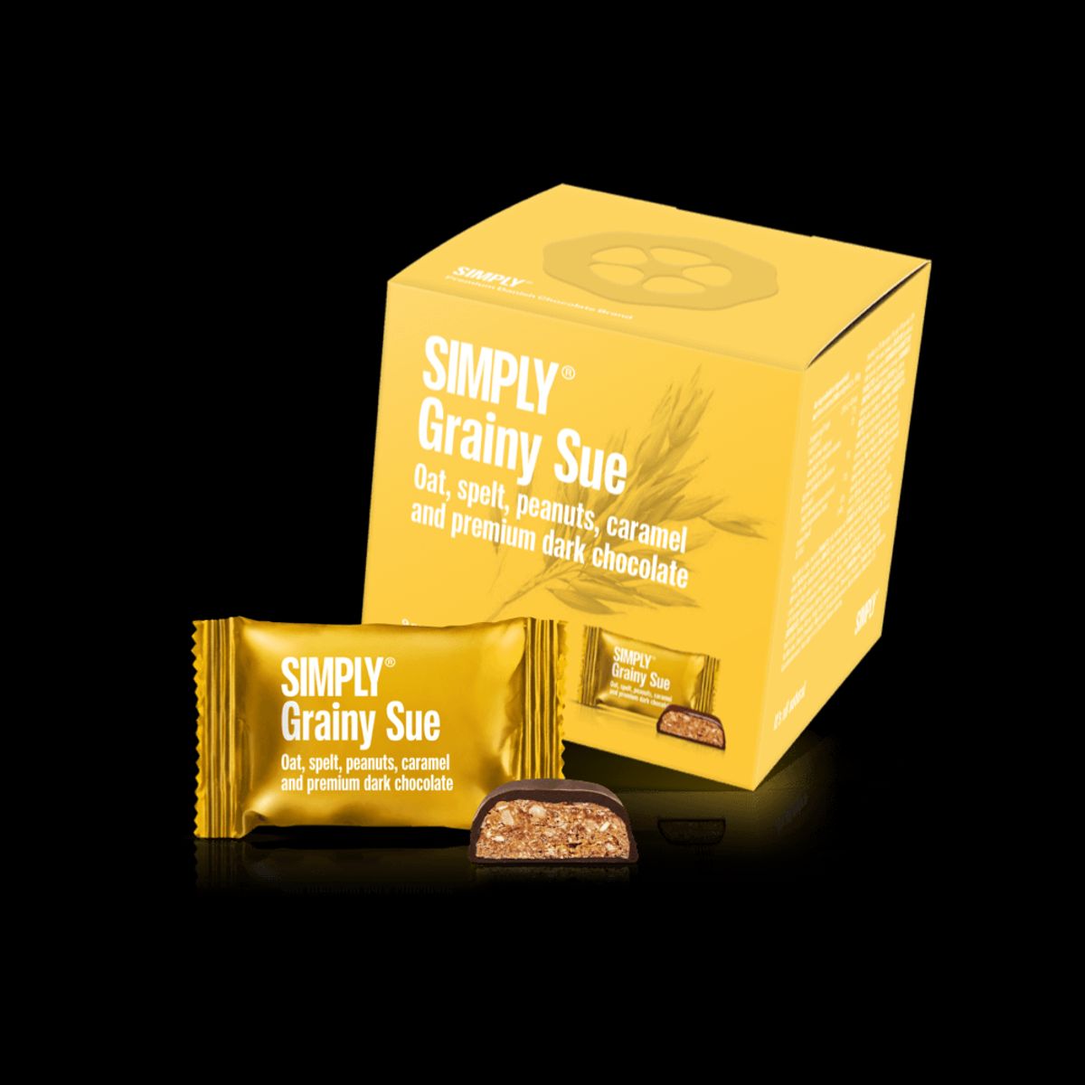 Simply® Grainy Sue - Cube med bites | Havre, spelt, karamel, peanuts og premium mørk chokolade