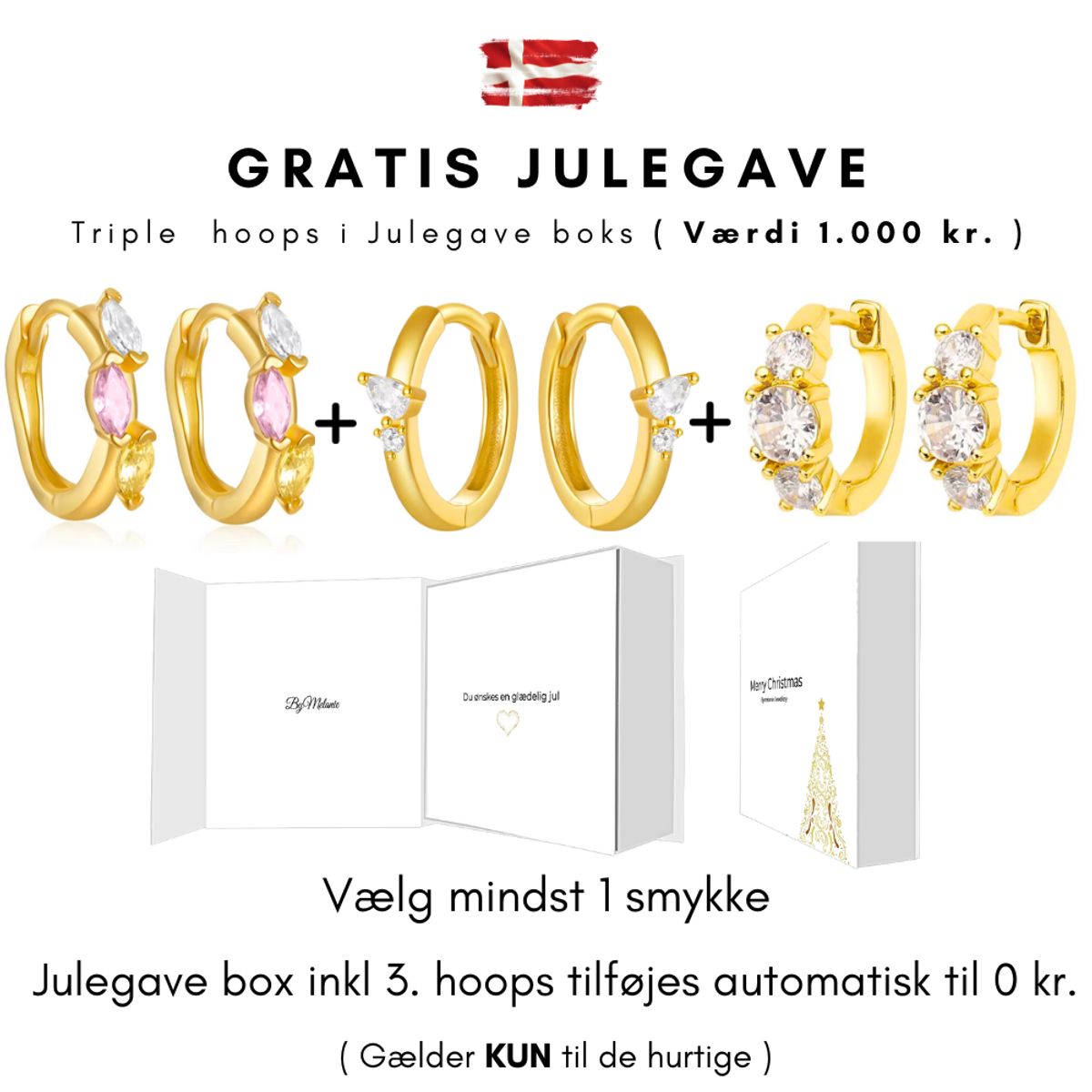 GRATIS JULEGAVE - Juleboks med 3x Nye Krystal hoops ( Værdi 1.000 kr. )