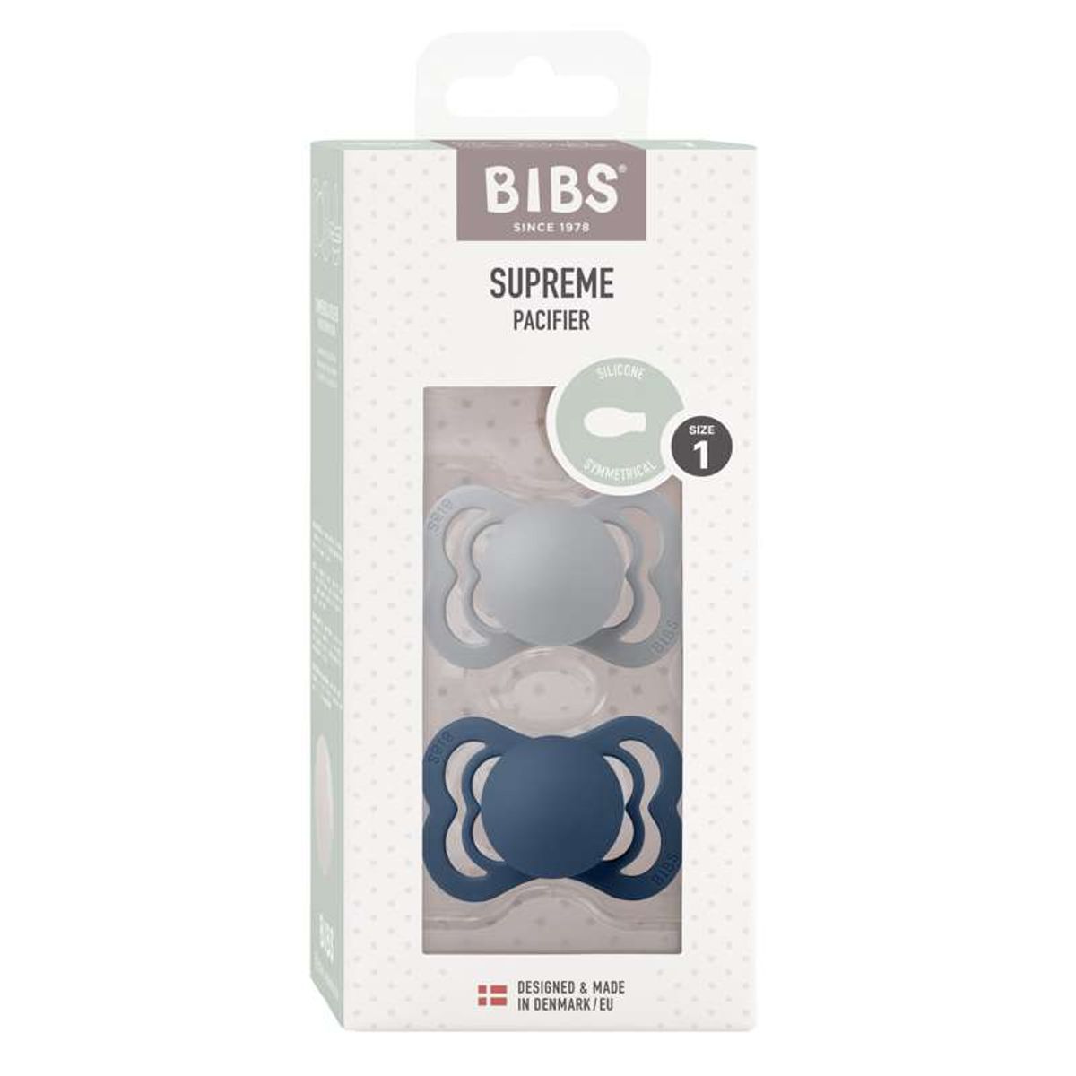 BIBS Symmetrisk Supreme Sut - 2-Pak - Str. 1 - Silikone - Cloud/Steel Blue