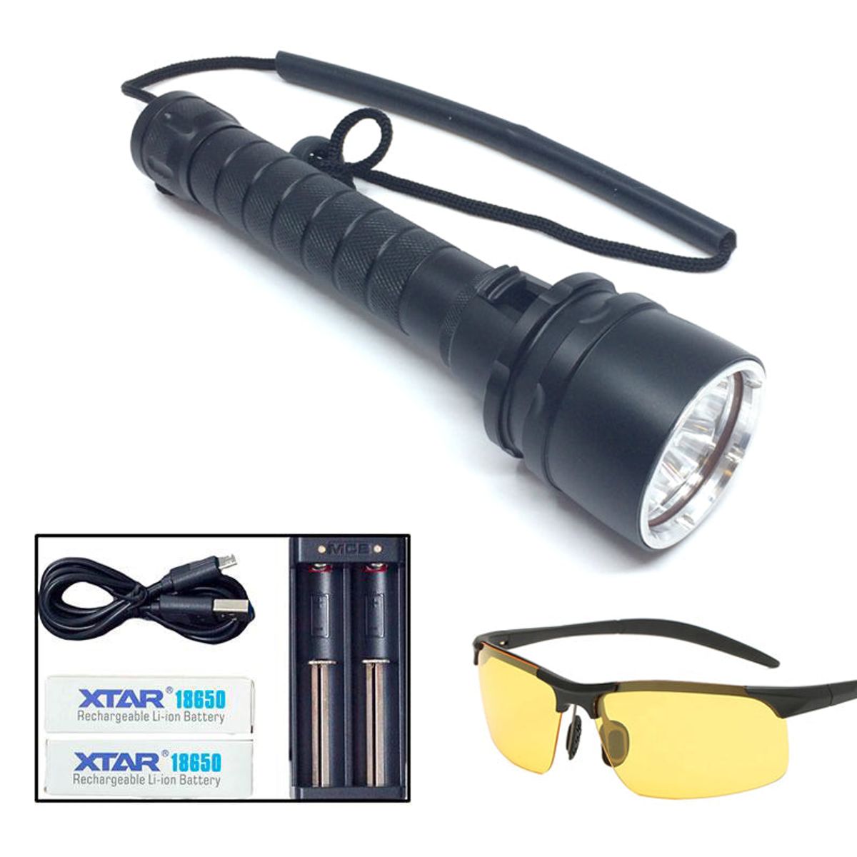 Ravlygte: AmberExpert&trade; XLC5 | Kraftig UV-lygte 30 W - AmberExpert&trade; XLC5 med ravbrille - Med XTAR oplader, adapter og 2 batterier