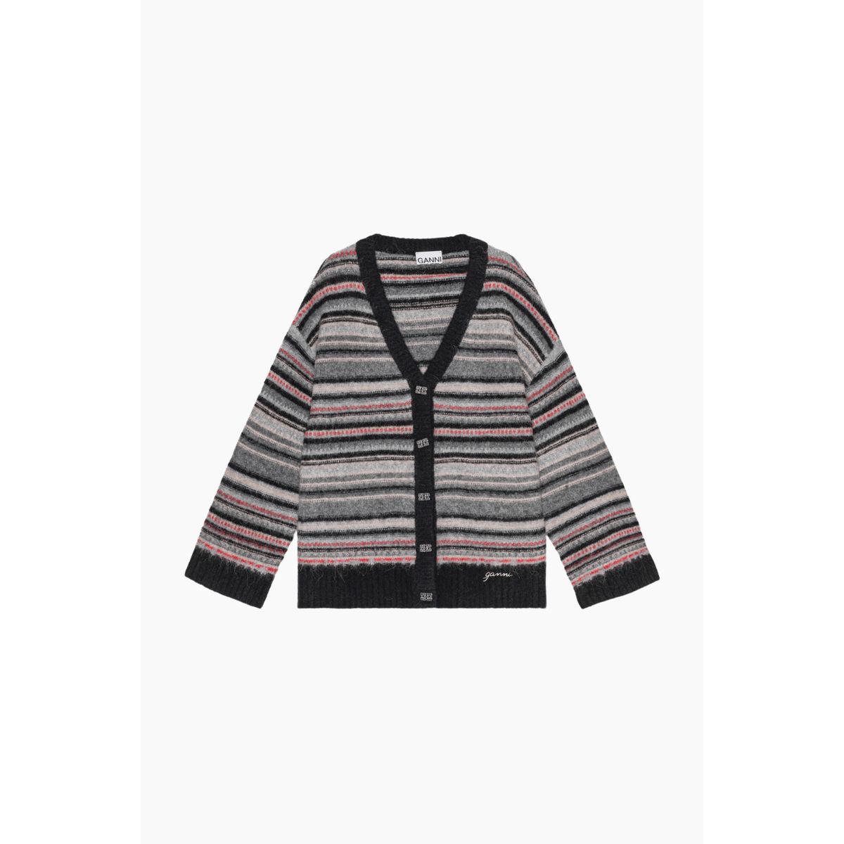 Soft Wool Stripe Boxy Cardigan K2357 - Phantom - GANNI - Stribet S