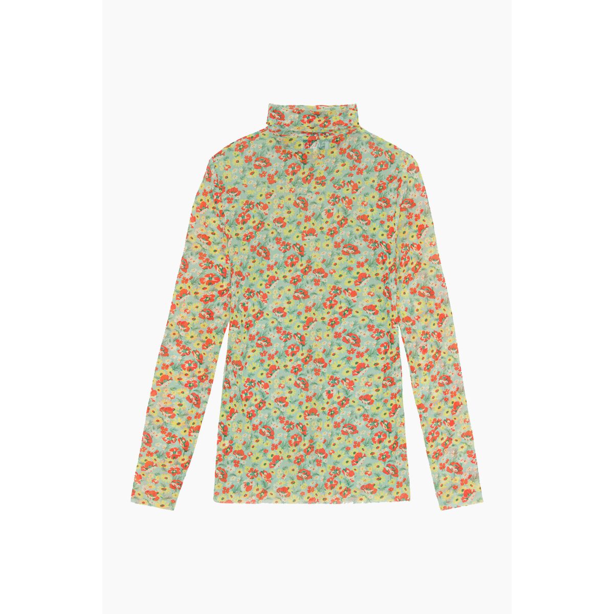 Printed Mesh Long Sleeve Fitted Rollneck - Meadow Celadon Green - GANNI - Grøn M