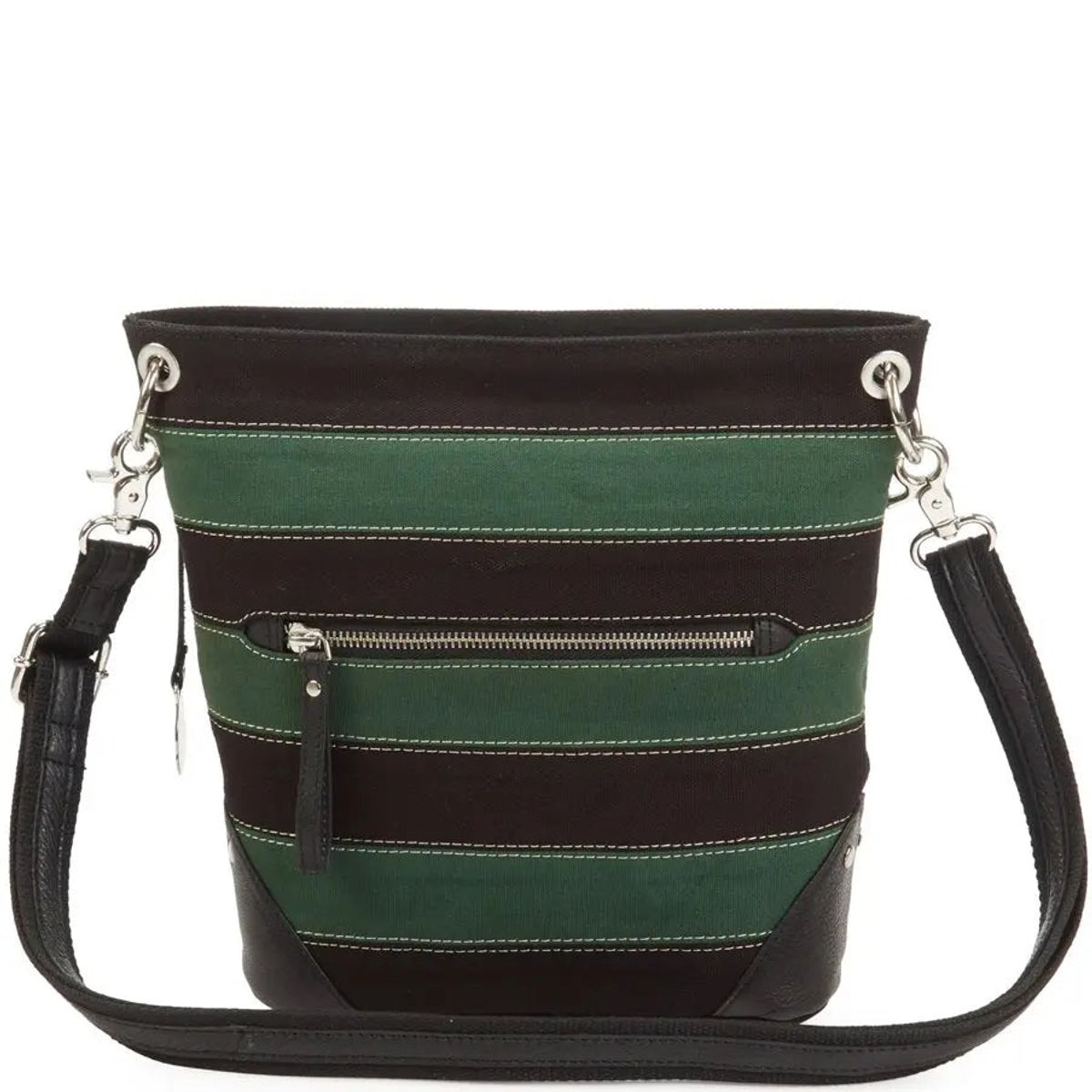 Style Kenya i sort/grøn stribet kanvas. Fantastisk crossbody skuldertaske i kraftig, smuk kanvas med detaljer i læder