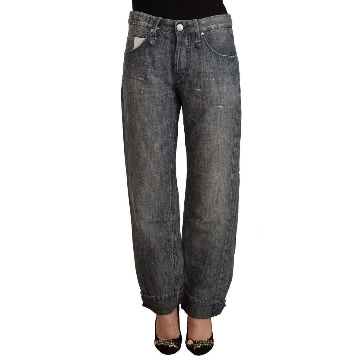 Acht Chic Gray Straight Cut Ramie-Cotton Jeans