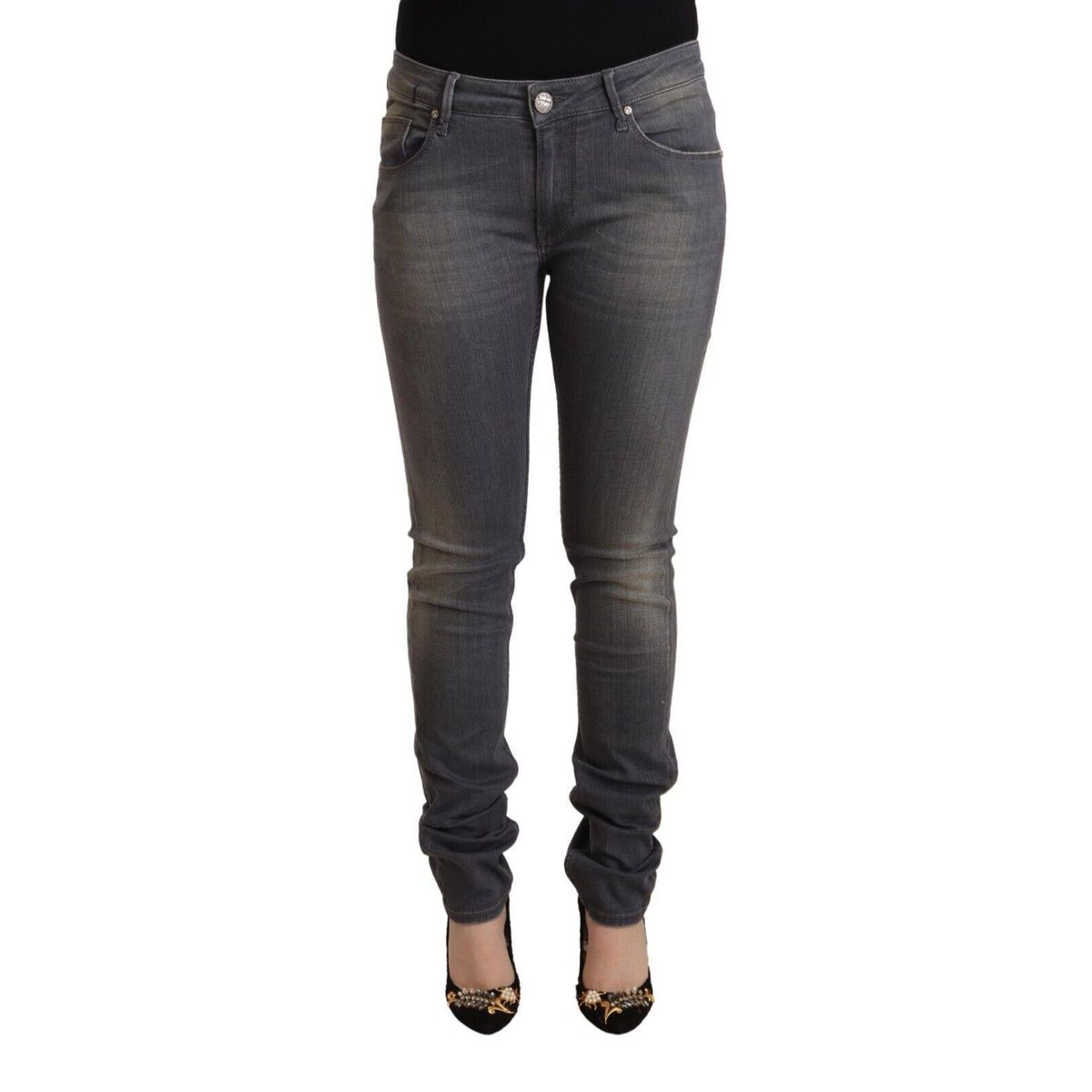 Acht Elegant Dark Gray Skinny Jeans - Low Waist Zip Closure