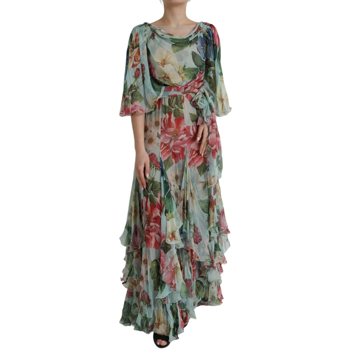 Dolce & Gabbana Blue Floral Print Tiered Long Maxi Dress