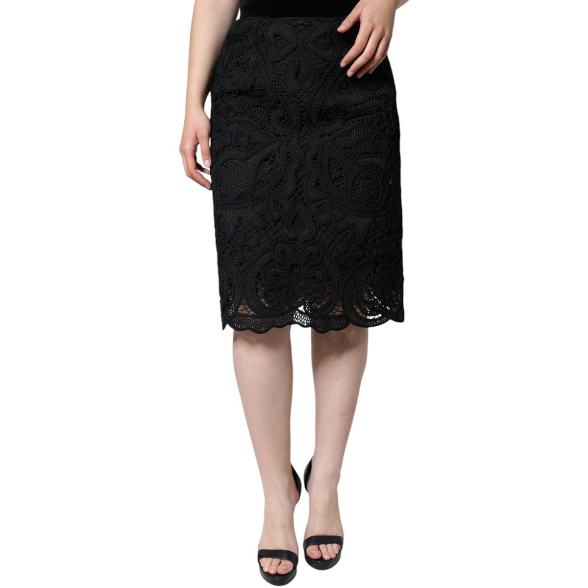 Dolce & Gabbana Black Floral Lace High Waist Pencil Cut Skirt