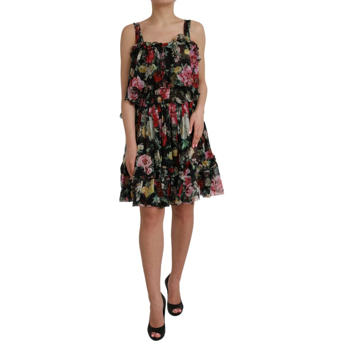 Dolce & Gabbana Black Floral Silk A-line Sleeveless Dress