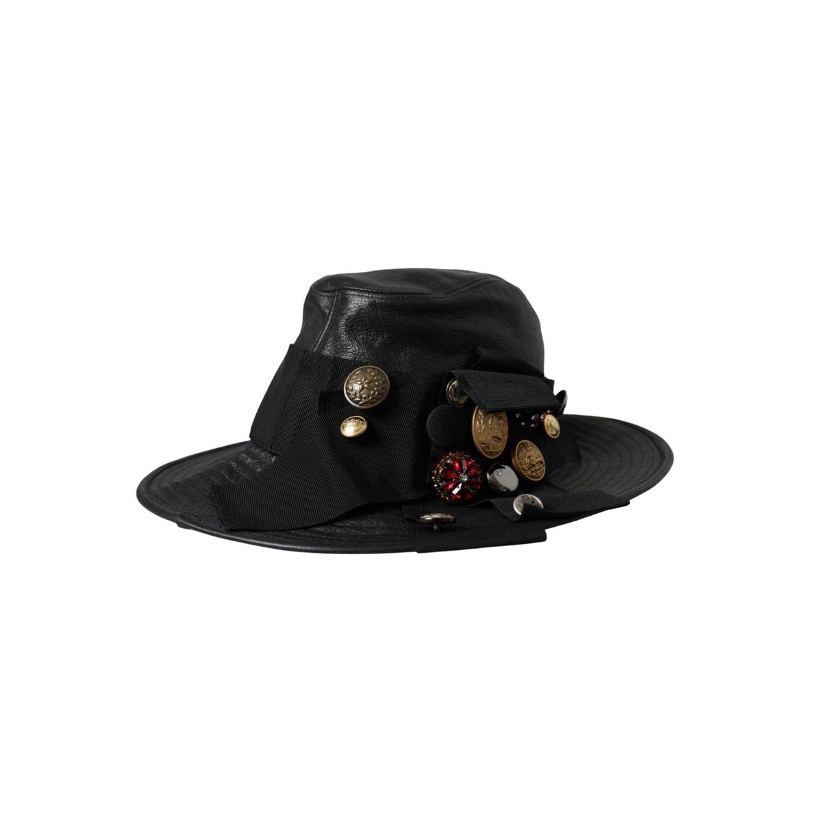 Dolce & Gabbana Black Leather DG Coin Crystal Wide Brim Hat