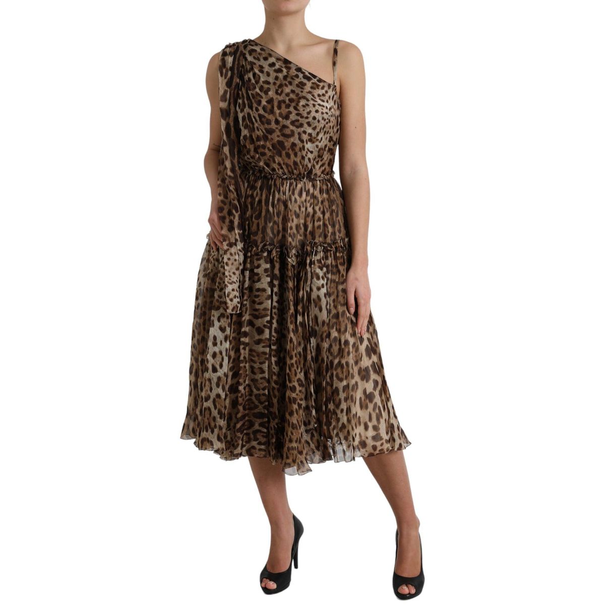 Dolce & Gabbana Brun Leopard Print Silke Ruffled Midi Kjole