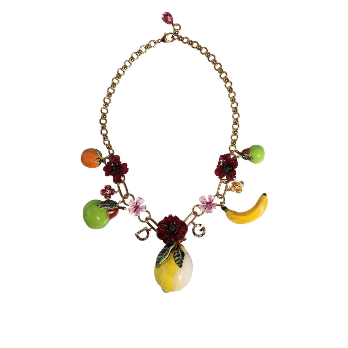 Dolce & Gabbana Gold Brass FRUIT Pendants Flowers Crystal Logo Necklace