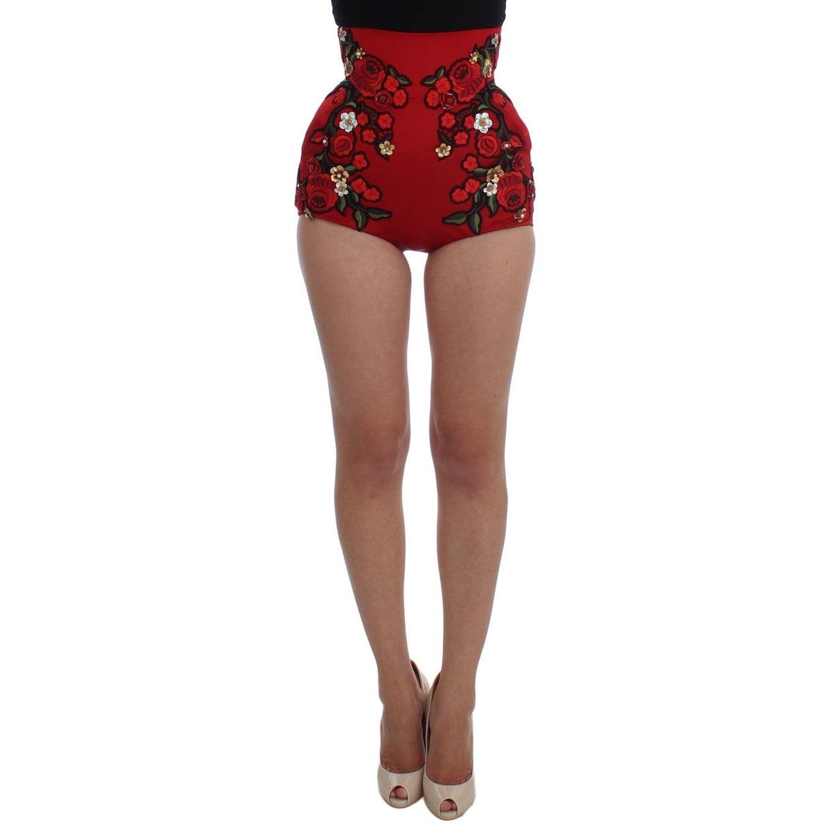 Dolce & Gabbana Glamorous Red Silk Floral Embroidered Shorts