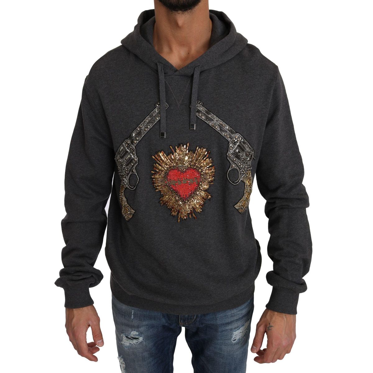 Dolce & Gabbana Gray Crystal Heart Gun Motif Sweater