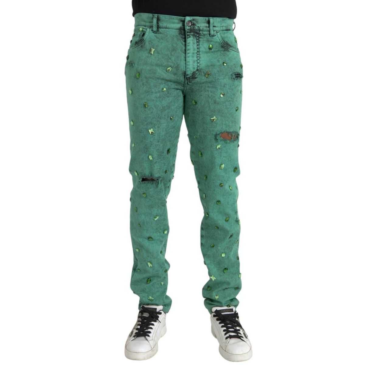 Dolce & Gabbana Green Crystals Cotton Stretch Slim Jeans