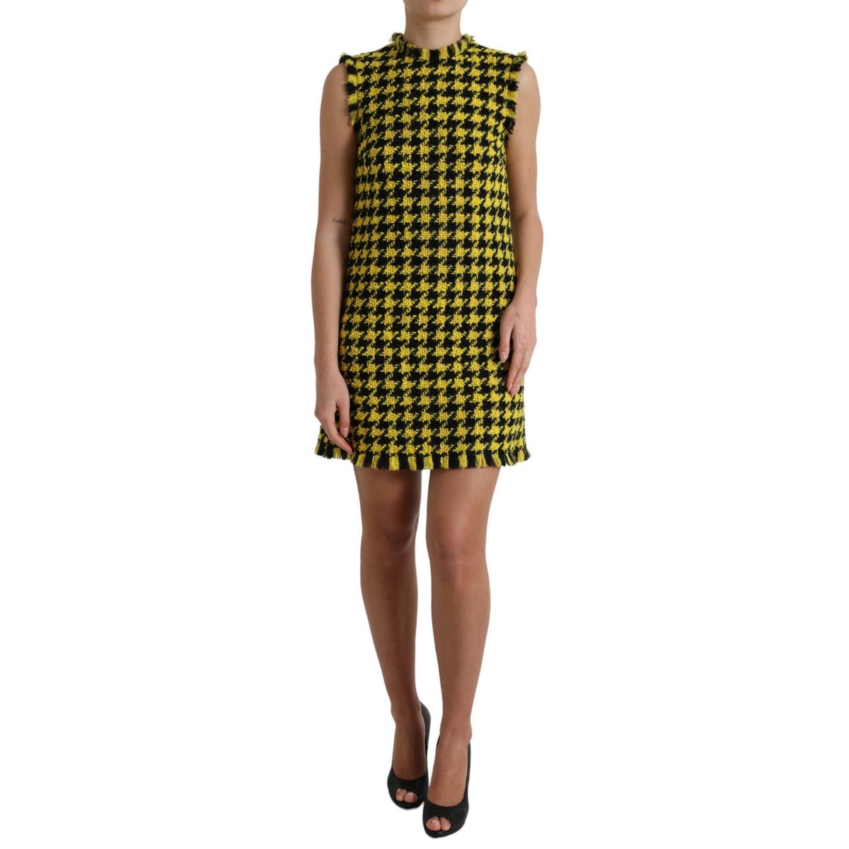 Dolce & Gabbana Gul Houndstooth Sleeveless Aline Mini Kjole