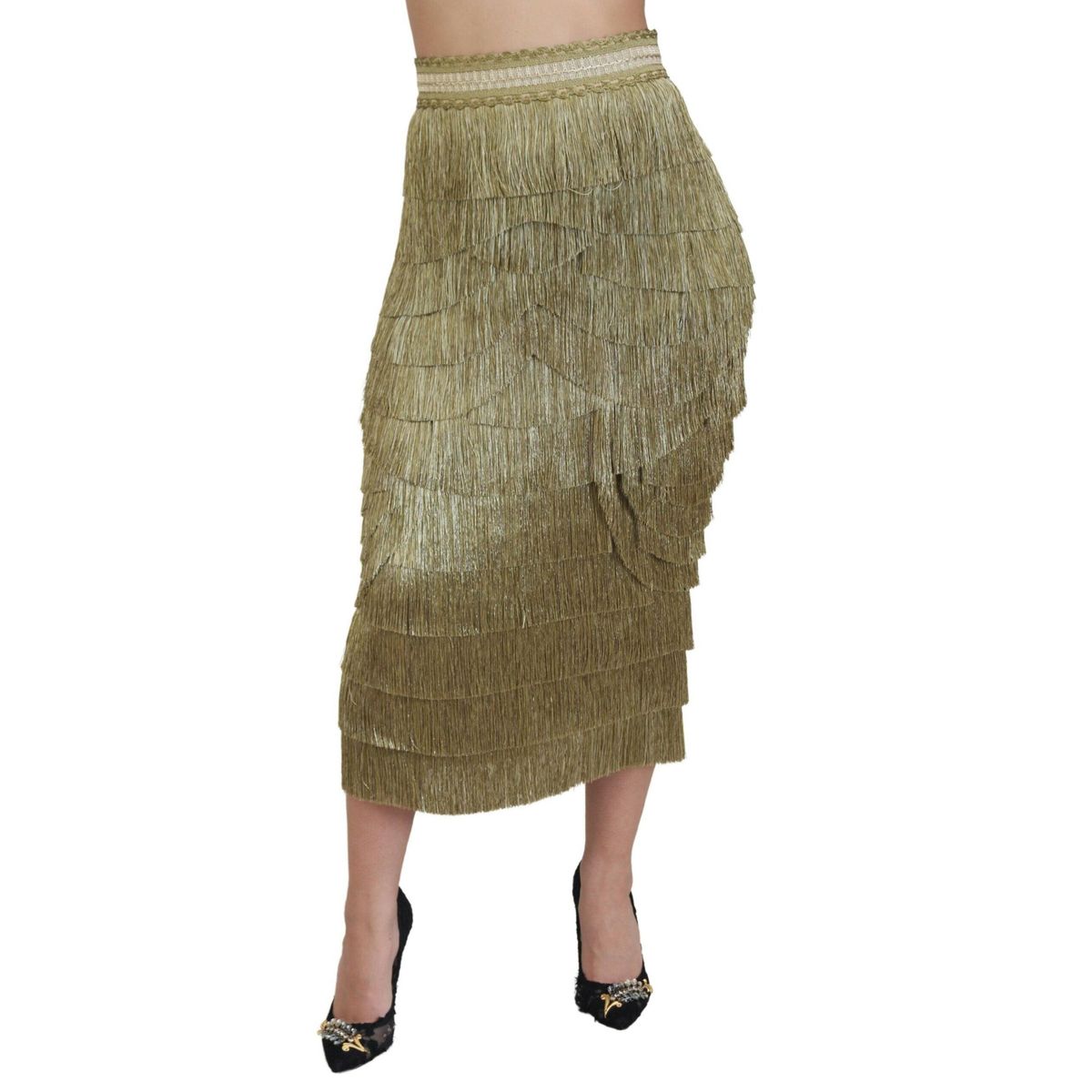 Dolce & Gabbana Guld Tiered Metallic Fringed Midi Silke Skirt