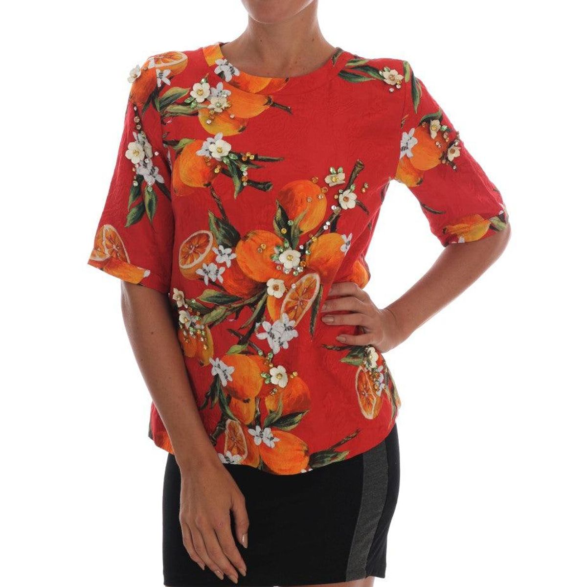 Dolce & Gabbana Embellished Crepe Blouse with Blossom Print