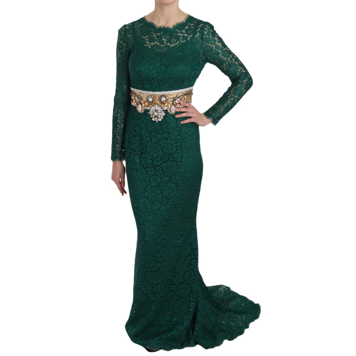 Dolce & Gabbana Emerald Elegance Long Sleeve Floor-Length Dress