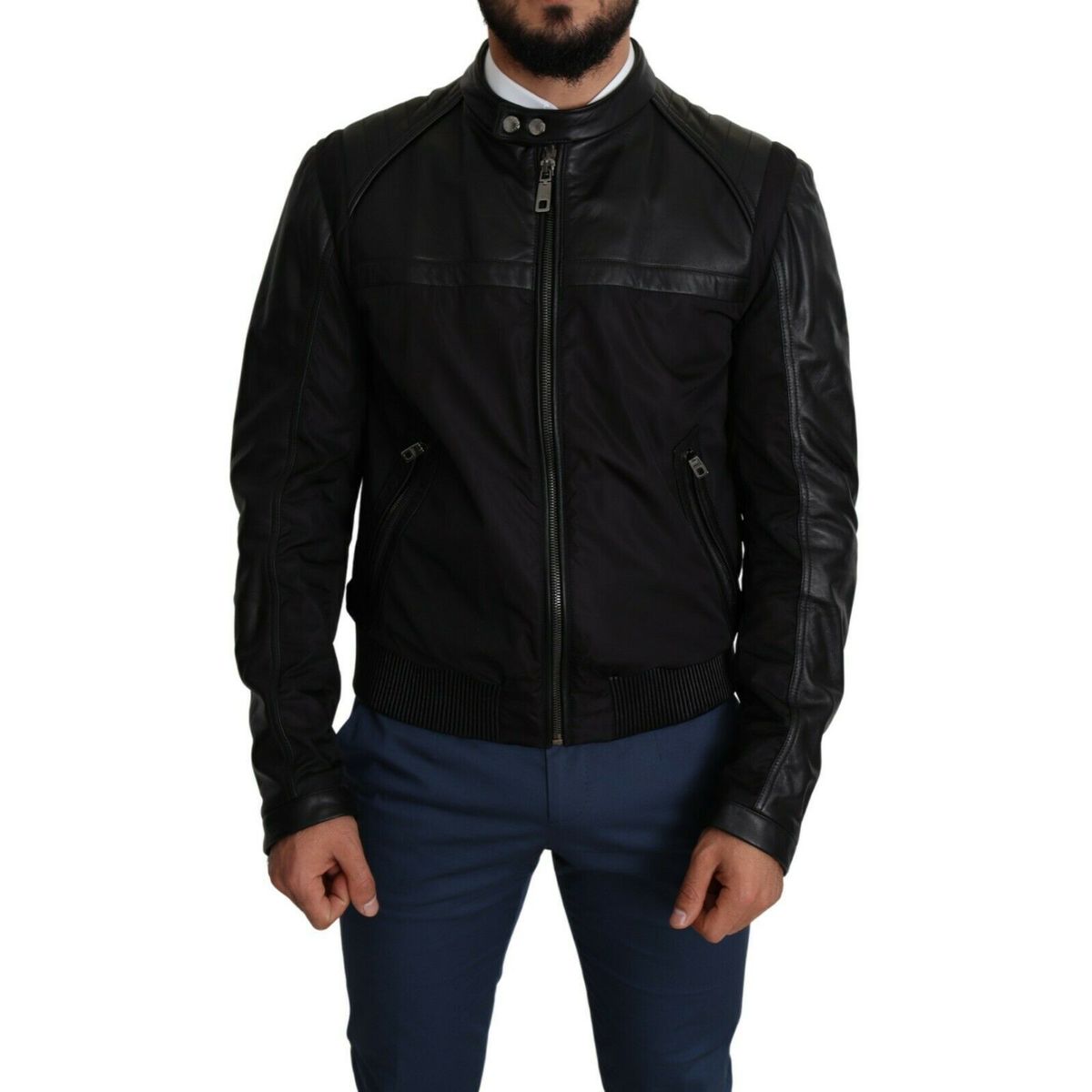 Dolce & Gabbana Elegant Black Bomber with Leather Accents