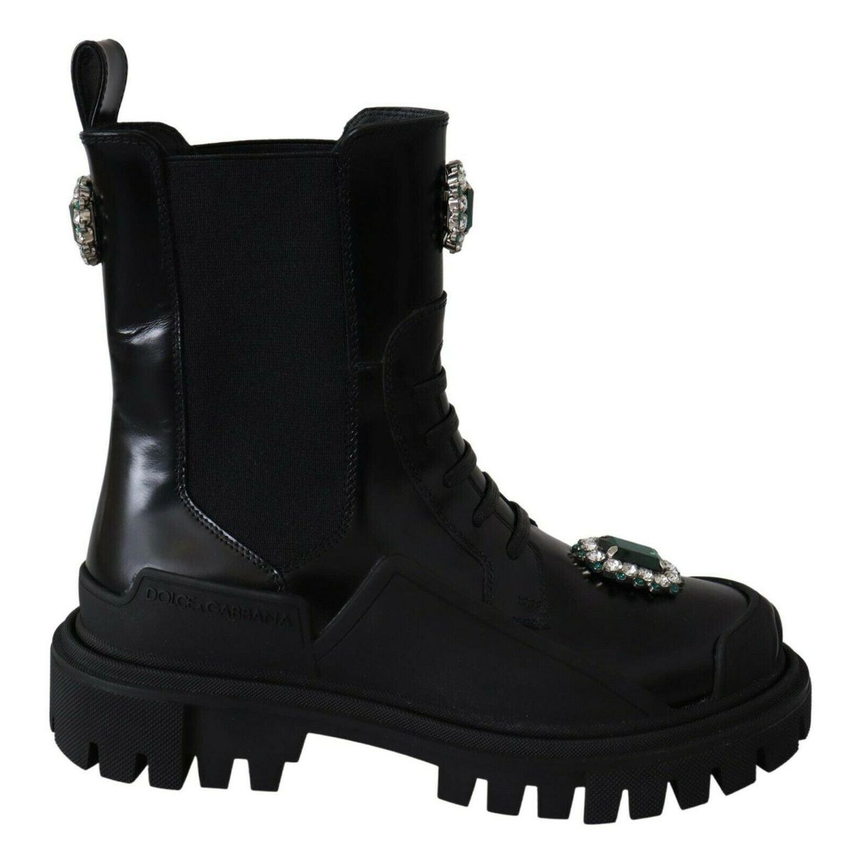 Dolce & Gabbana Elegant Black Leather Combat Boots with Crystal Detail