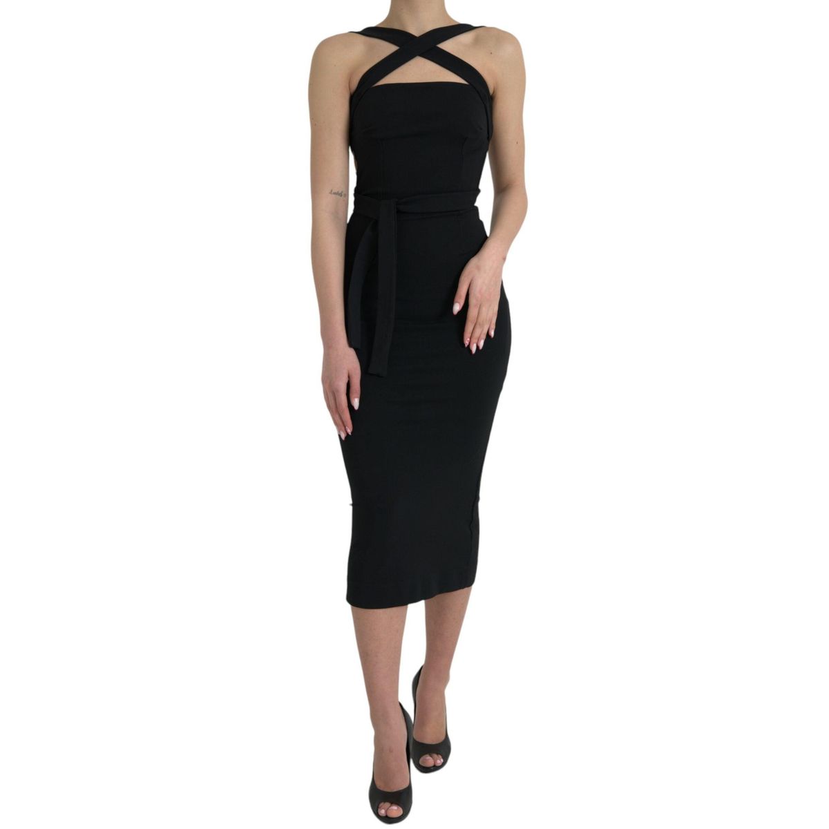 Dolce & Gabbana Elegant Black Sheath Halter Midi Dress