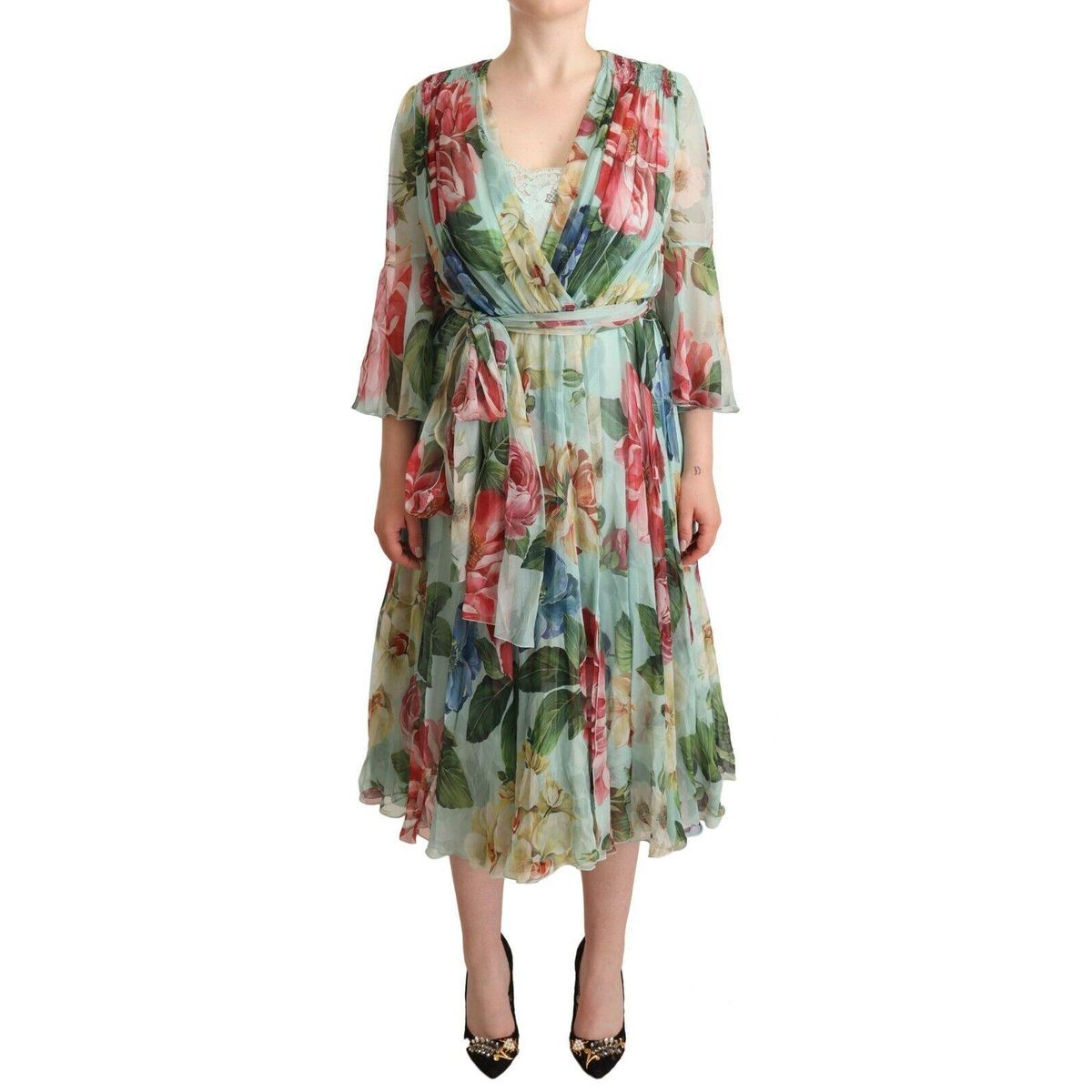 Dolce & Gabbana Elegant Floral Green Midi Silk Dress