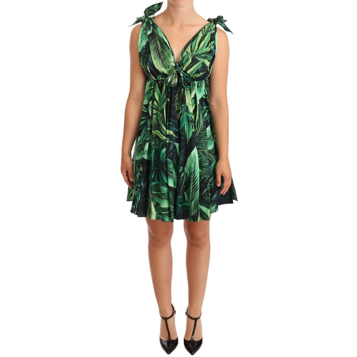 Dolce & Gabbana Elegant Flared Mini A-Line Dress in Green Leaf Print