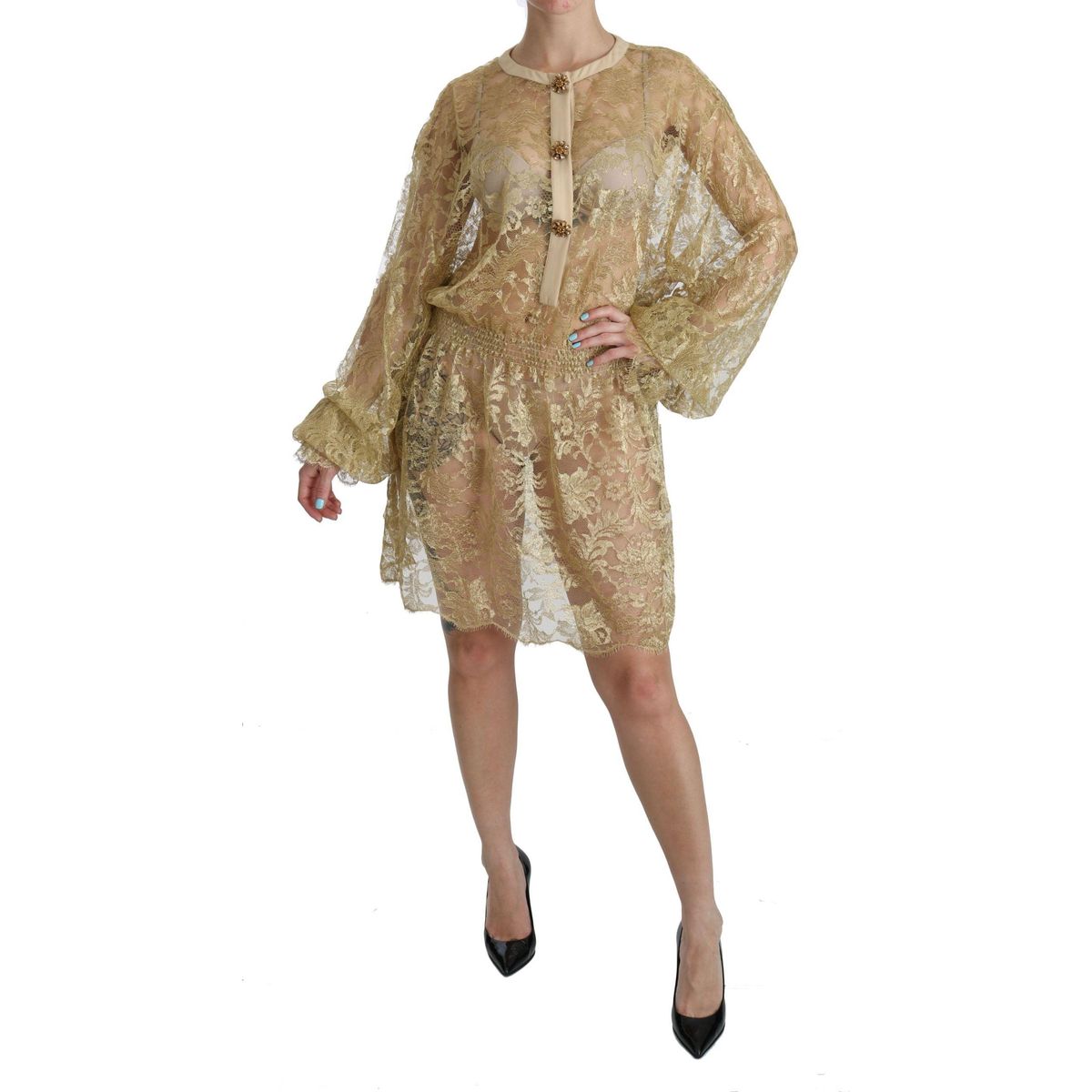 Dolce & Gabbana Elegant Gold Lace A-Line Knee Length Dress