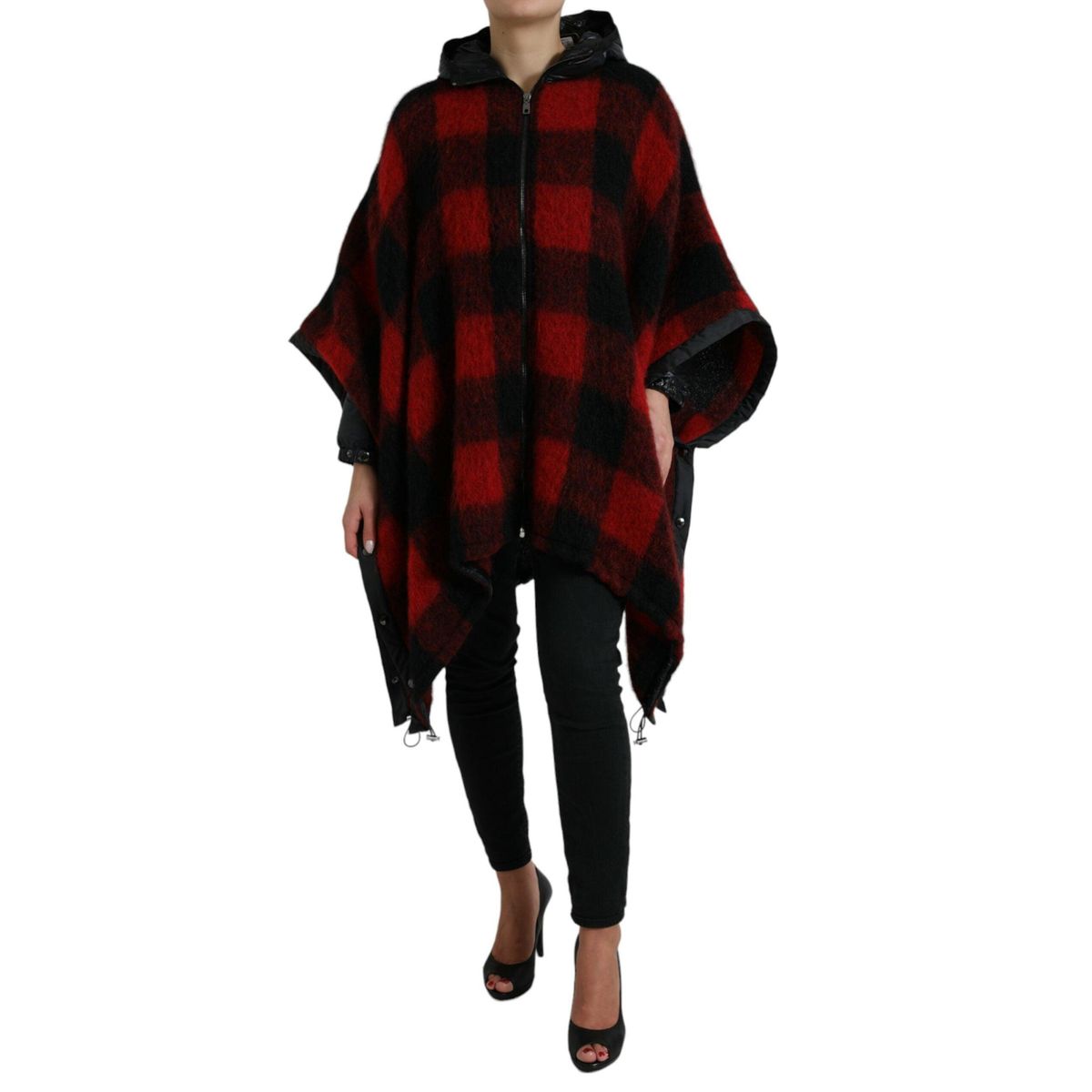 Dolce & Gabbana Sort Rød Buffalo Check Hooded Poncho Jakke & Frakke