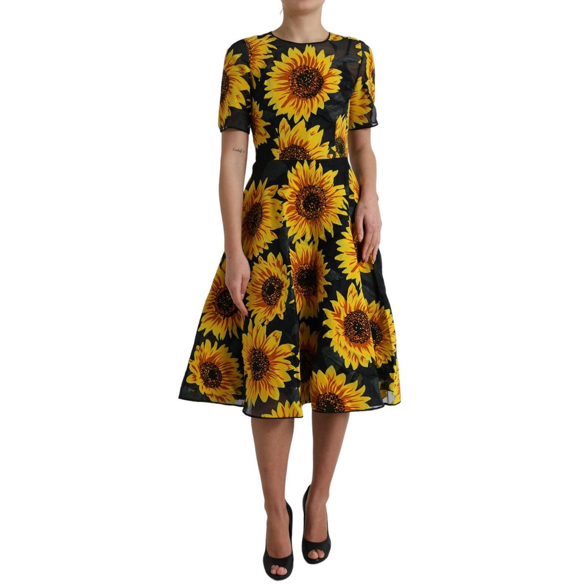 Dolce & Gabbana Sort Sunflower Print Nylon A-line Midi Kjole