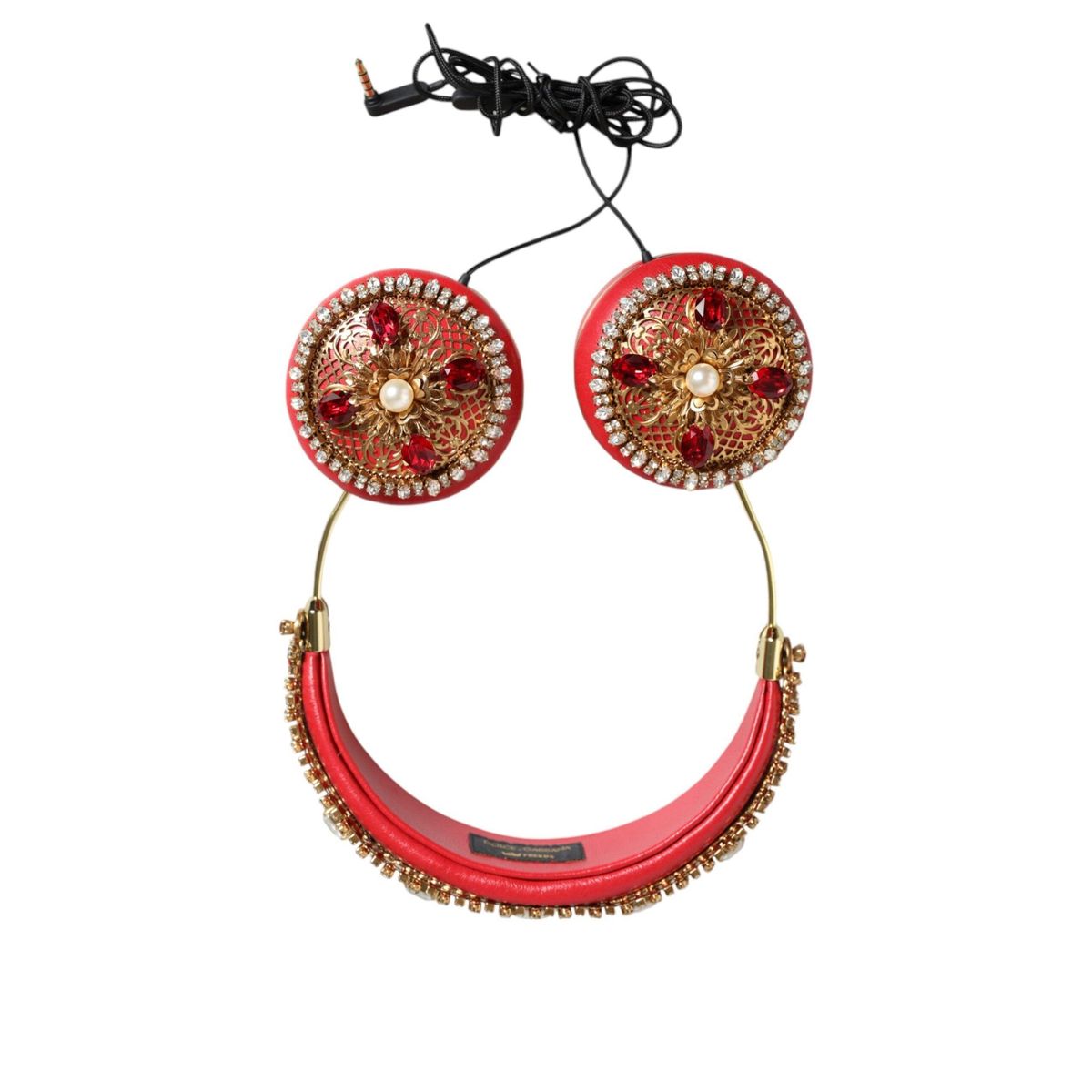 Dolce & Gabbana Red Nappa Leather Floral Crystal Headphone