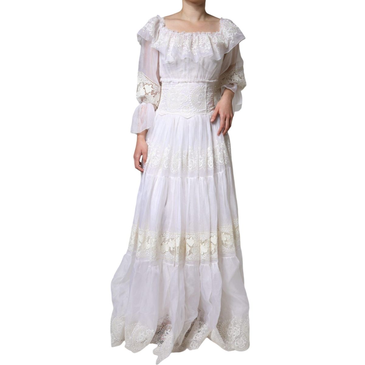 Dolce & Gabbana White Floral Lace Corset Cotton Maxi Dress