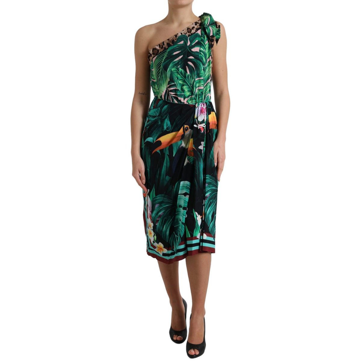 Dolce & Gabbana Tropical Jungle Print One-Shoulder Dress