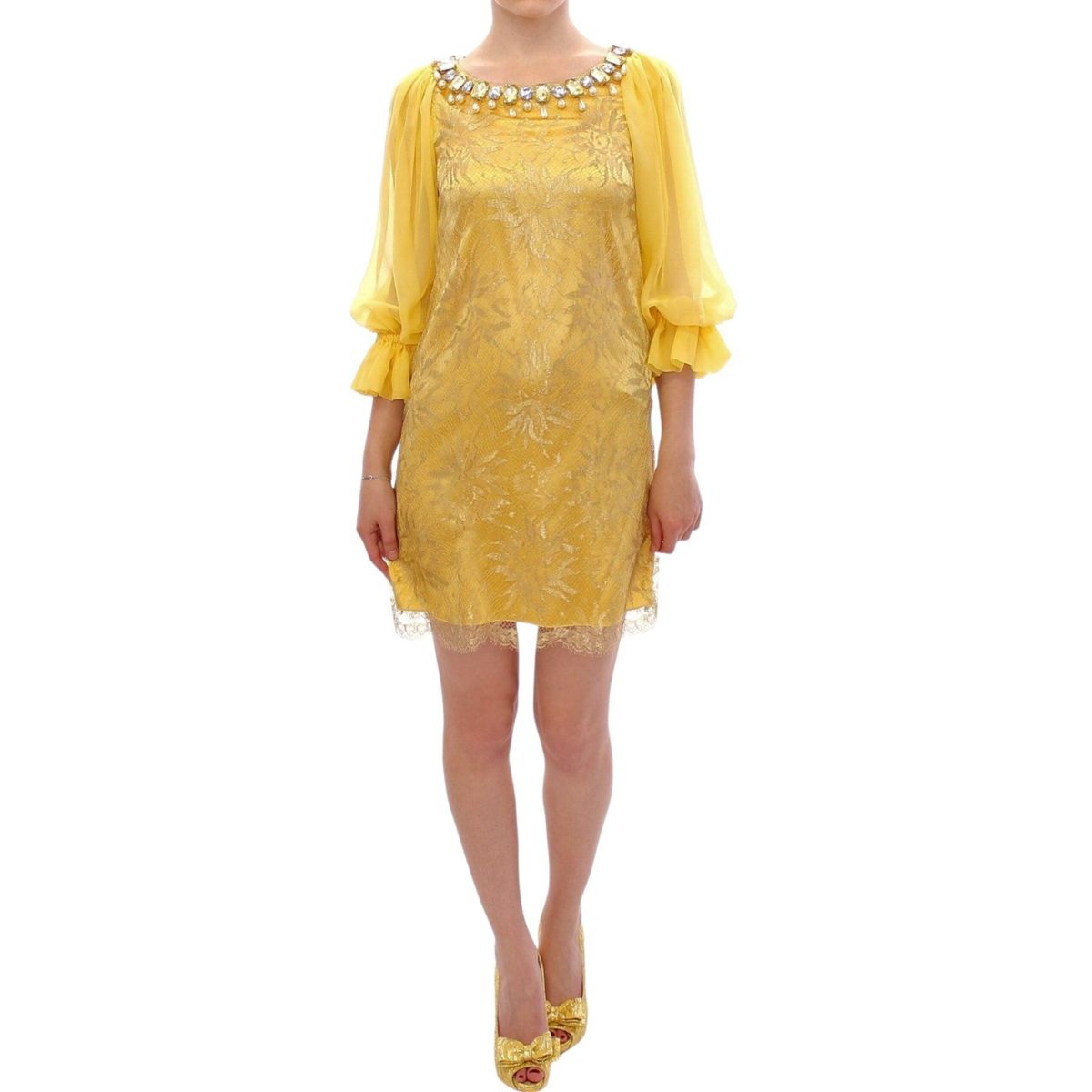 Dolce & Gabbana Yellow Lace Crystal Embellished Mini Dress