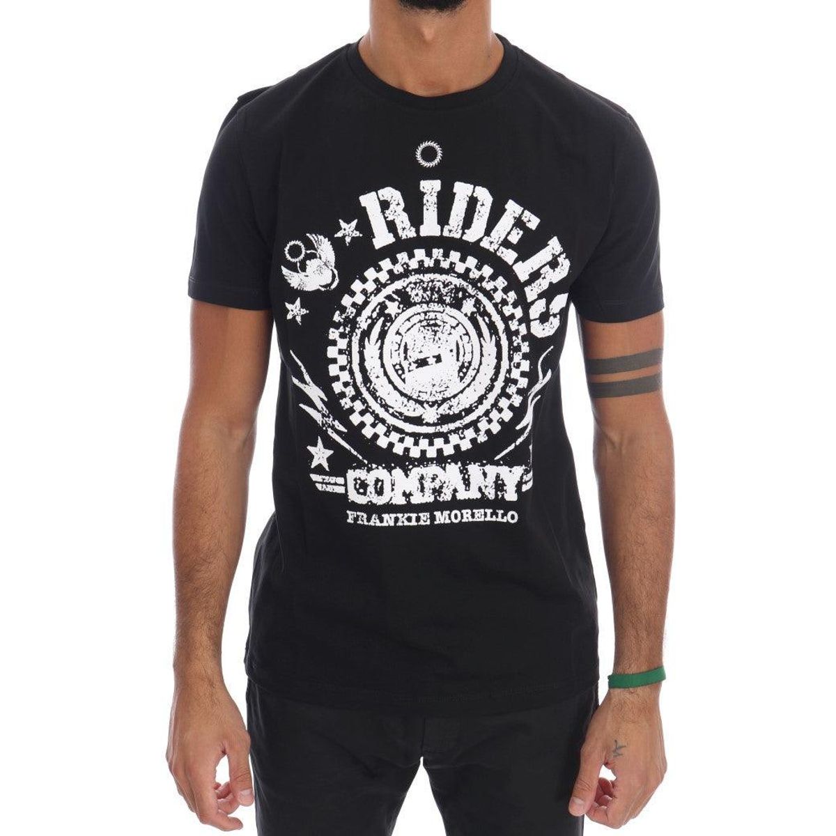 Frankie Morello Chic Black Crewneck Tee with 'RIDERS' Motif