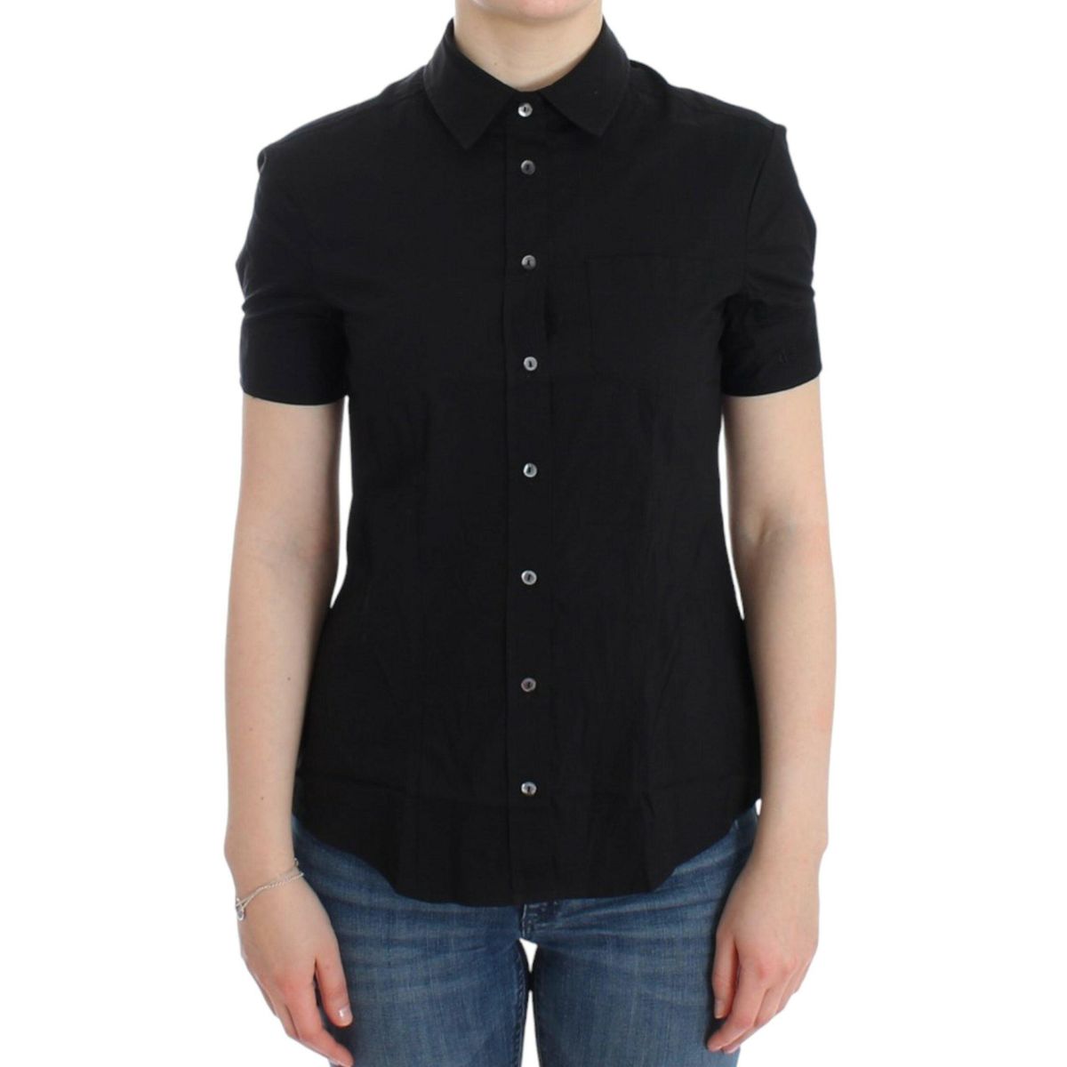 John Galliano Elegant Black Cotton Stretch Shortsleeve Blouse