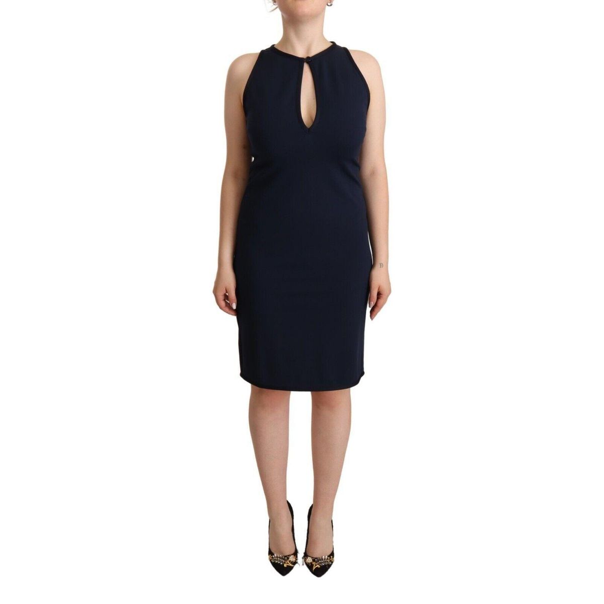 John Galliano Sleeveless Navy Knee-Length Sheath Dress