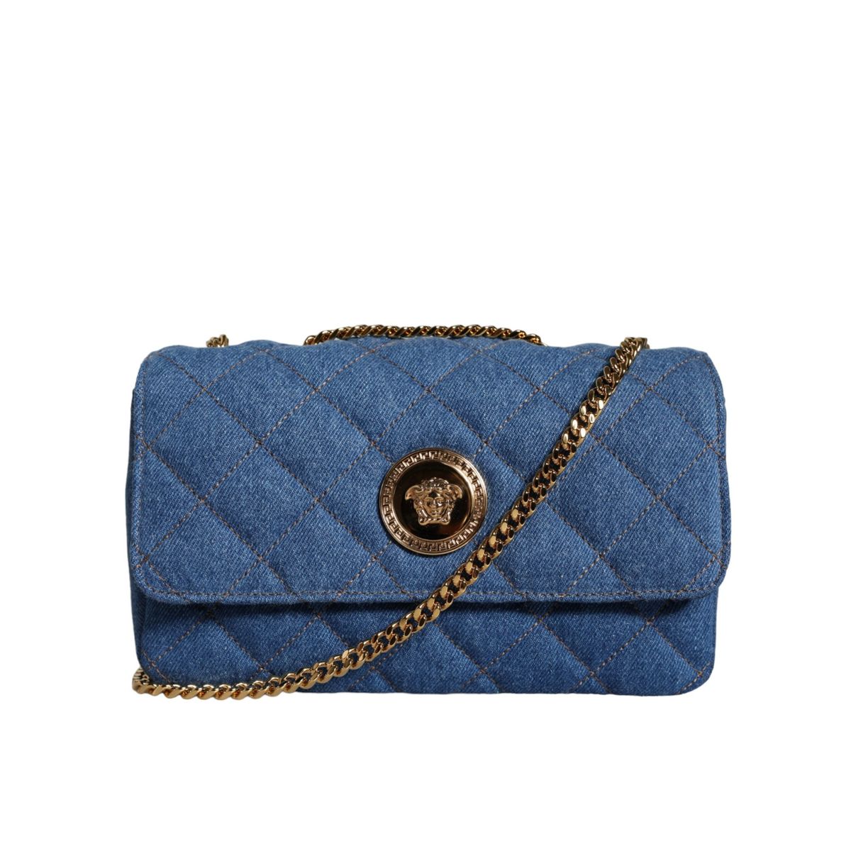 Versace Blue Quilted Denim Leather Crossbody Shoulder Bag