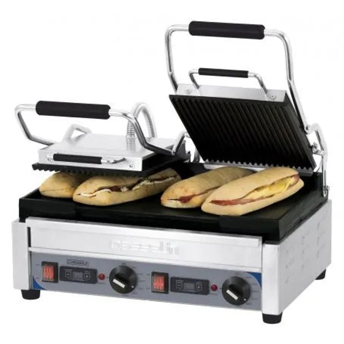 Dobbelt Premium Rillet Panini Grill - Glat med Timer