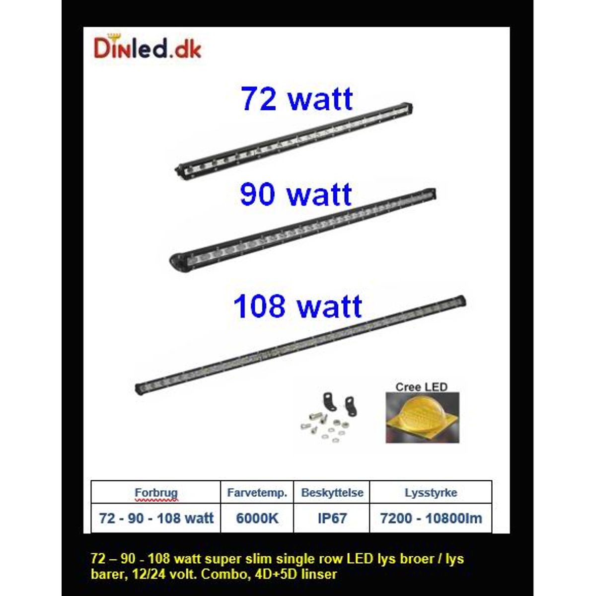 Super slim 36 - 54 - 72 - 90 - 108 - 126 - 144 watt single row LED Lys bro / lys bar - Dinled - Køretøjs projektører