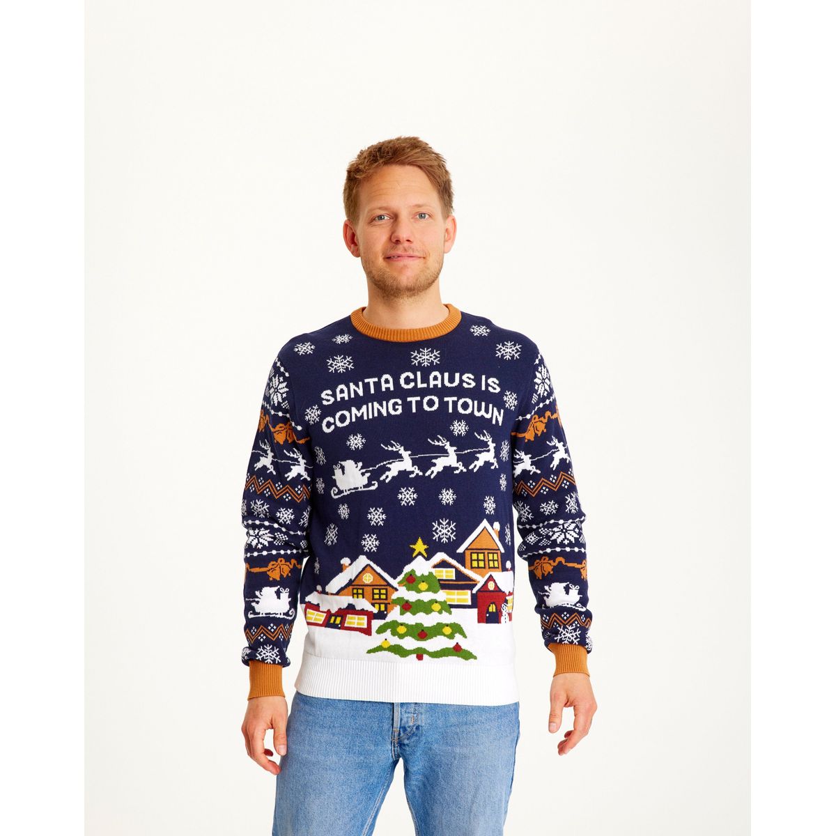 Årets julesweater: Santa Claus Is Coming To Town - herre / mænd. Ugly Christmas Sweater lavet i Danmark