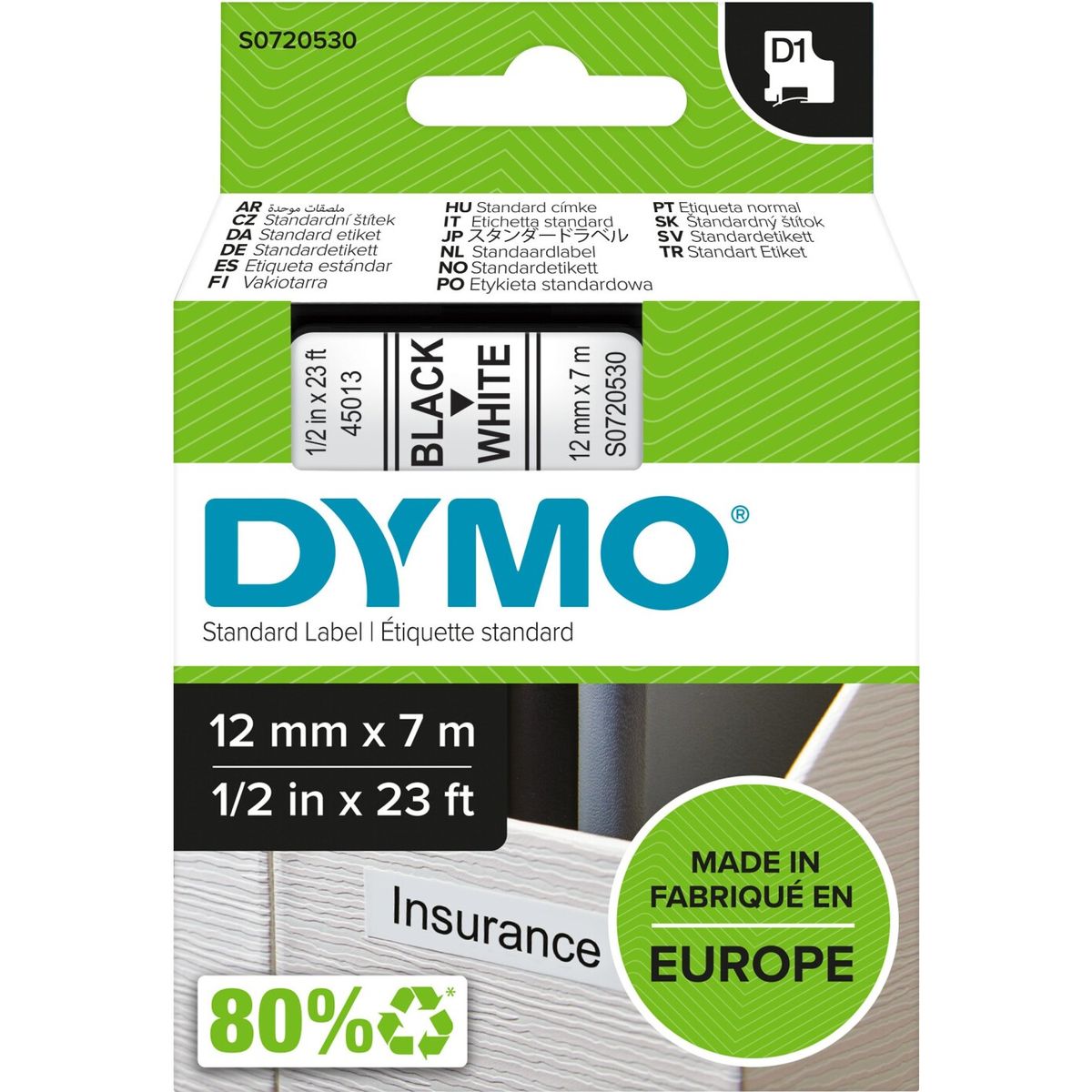 Dymo - D1 Label Tape - 12 Mm X 7 M - Black On White - Sort På Hvid