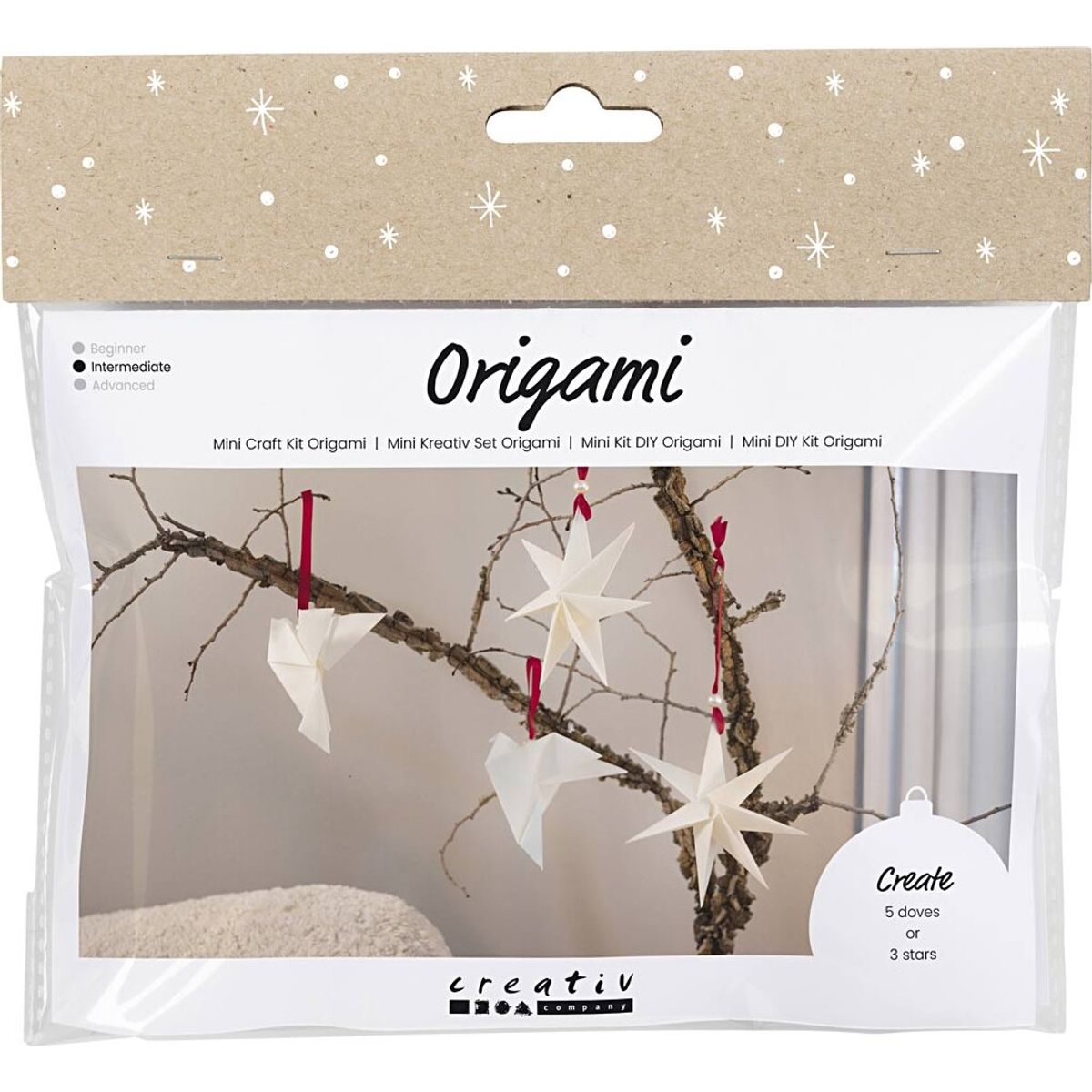 Mini Diy Kit Origami - Duer/stjerner - Mørk Rød - Råhvid - 1pk.