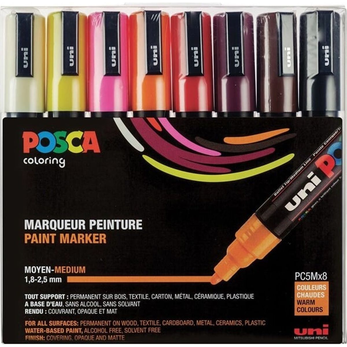 Posca Tusser Sæt - Pc5m - Medium 1,8-2,5 Mm - Warm - 8 Stk