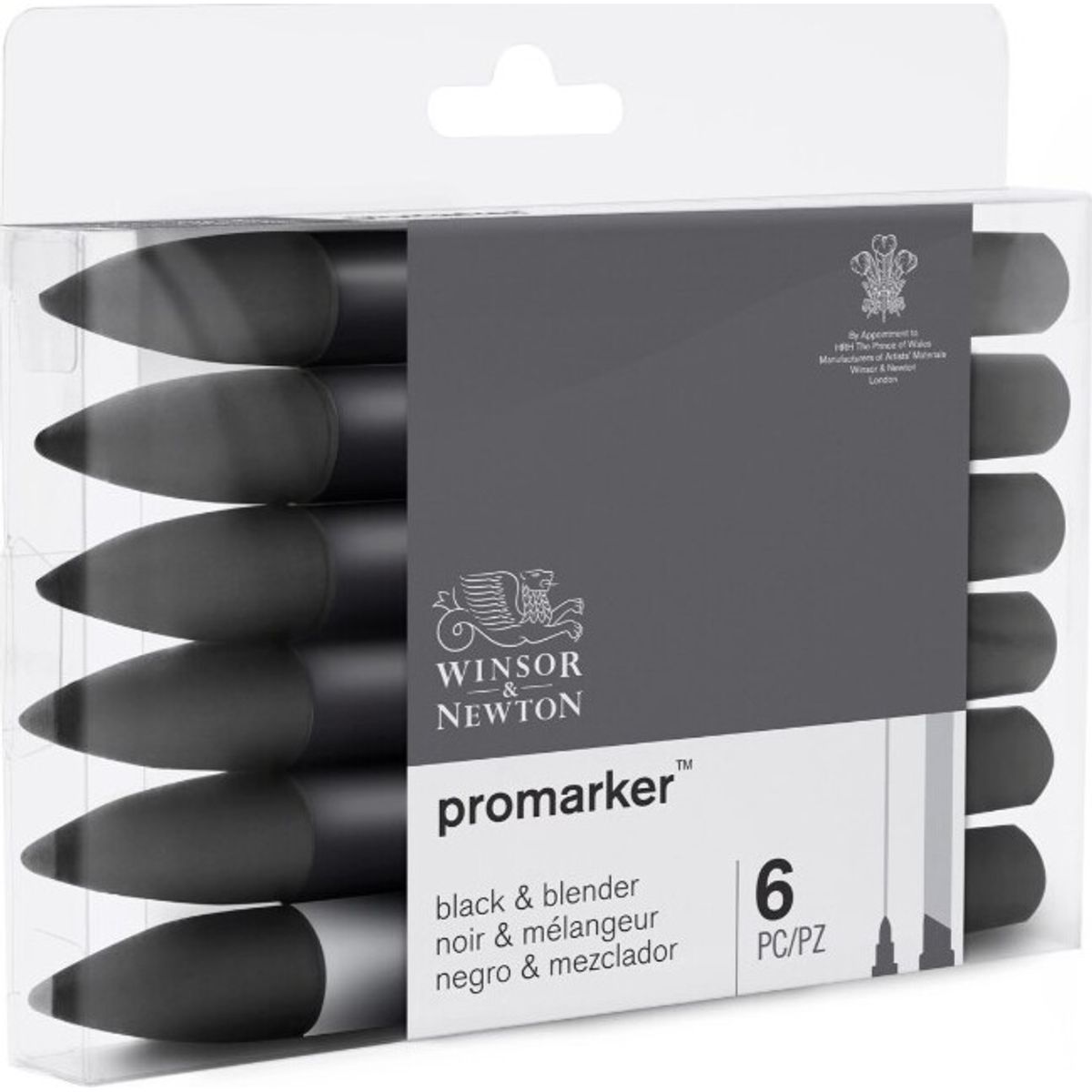 Winsor & Newton - Promarker Tusser - Sort + Blender - 6 Stk