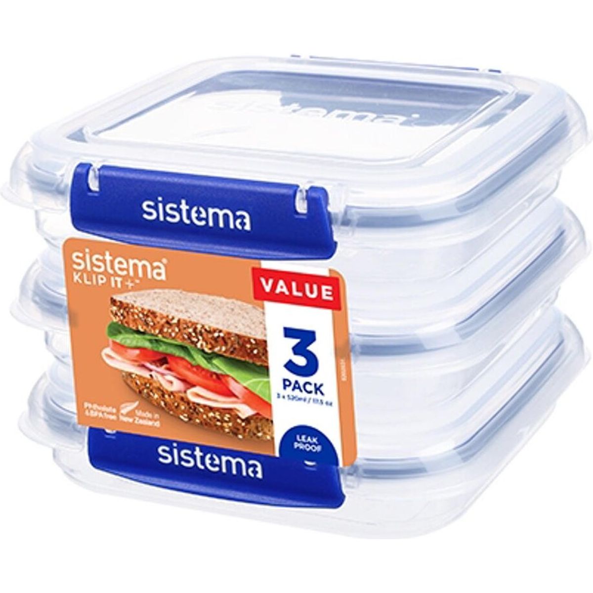 Sistema - Klip It Plus Opbevaringsbokse - Square - 520 Ml - 3-pak